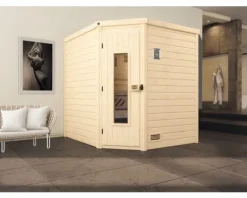 Massivholzsauna Weka Turku Eck Gr.2 inkl. 7,5 kW Ofen mit digitaler Steuerung und Holztüre mit Isolierglas wärmegedämmt