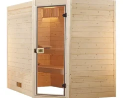 Massivholzsauna Weka Valida Eck GT Gr.3 inkl. 9 kW Ofen u.integr.Steuerung mit Ganzglastüre aus Klarglas