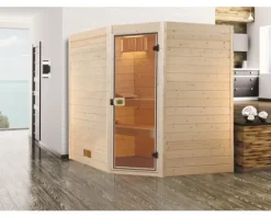 Massivholzsauna Weka Valida Eck GT Gr.3 inkl. 9 kW Ofen u.integr.Steuerung mit Ganzglastüre aus Klarglas