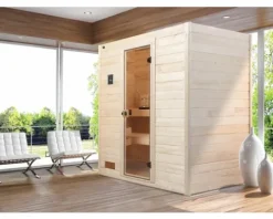 Massivholzsauna Weka Valida GT Gr.2 inkl. 4,5 kW Ofen u.digitaler Steuerung ohne Fenster mit Ganzglastüre aus Klarglas