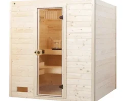 Massivholzsauna Weka Valida GT Gr.2 inkl. 4,5 kW Ofen u.digitaler Steuerung ohne Fenster mit Ganzglastüre aus Klarglas