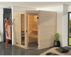 Massivholzsauna Weka Valida Eck GTF Gr.2 inkl.9 kW Ofen u.integr.Steuerung mit Fenster und Ganzglastüre aus Klarglas
