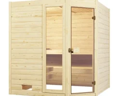 Massivholzsauna Weka Valida Eck GTF Gr.2 inkl.9 kW Ofen u.integr.Steuerung mit Fenster und Ganzglastüre aus Klarglas