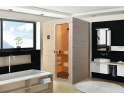 Massivholzsauna Weka Valida GT Gr.1 inkl. 4,5 kW Ofen u.digitaler Steuerung ohne Fenster mit Ganzglastüre aus Klarglas