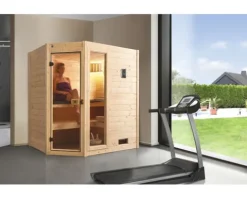 Massivholzsauna Weka Valida Eck GTF Gr.1 inkl. 5,4 kW Ofen u.digitaler Steuerung mit Fenster und Ganzglastüre aus Klarglas