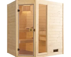 Massivholzsauna Weka Valida Eck GTF Gr.1 inkl. 5,4 kW Ofen u.digitaler Steuerung mit Fenster und Ganzglastüre aus Klarglas