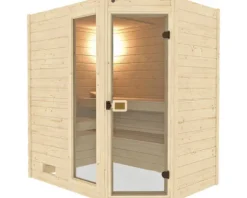 Massivholzsauna Weka Valida Eck GTF Gr.1 inkl. 5,4 kW Ofen u.digitaler Steuerung mit Fenster und Ganzglastüre aus Klarglas