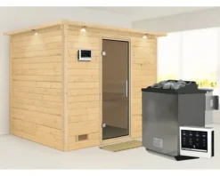 Massivholzsauna Karibu Coral inkl. 9 kW Bio Ofen u.ext.Steuerung mit Dachkranz und graphitfarbeneer Ganzglastür