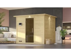 Massivholzsauna Karibu Coral inkl. 9 kW Bio Ofen u.ext.Steuerung mit Dachkranz und graphitfarbeneer Ganzglastür