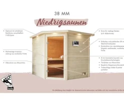 Massivholzsauna Karibu Jada ohne Ofen und Dachkranz mit bronzierter Ganzglastüre