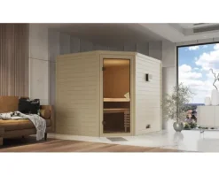 Massivholzsauna Karibu Kanami inkl. 9 kW Bio Ofen u.ext.Steuerung ohne Dachkranz mit bronzierter Ganzglastüre