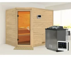 Massivholzsauna Karibu Kanami inkl. 9 kW Bio Ofen u.ext.Steuerung ohne Dachkranz mit bronzierter Ganzglastüre