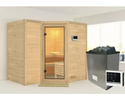 Massivholzsauna Karibu Melanit 2 inkl. 9 kW Ofen u.ext.Steuerung ohne Dachkranz mit Ganzglastüre aus Klarglas