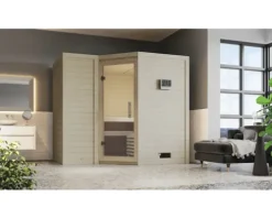 Massivholzsauna Karibu Melanit 2 inkl. 9 kW Ofen u.ext.Steuerung ohne Dachkranz mit Ganzglastüre aus Klarglas