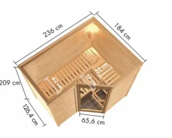Massivholzsauna Karibu Melanit 2 inkl. 9 kW Ofen u.ext.Steuerung ohne Dachkranz mit Ganzglastüre aus Klarglas