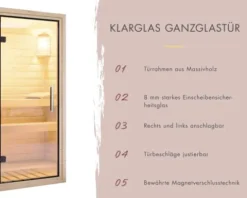 Massivholzsauna Karibu Melanit 2 inkl. 9 kW Ofen u.ext.Steuerung ohne Dachkranz mit Ganzglastüre aus Klarglas