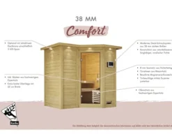 Massivholzsauna Karibu Melanit 2 inkl. 9 kW Ofen u.ext.Steuerung ohne Dachkranz mit Ganzglastüre aus Klarglas