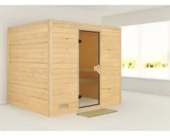 Massivholzsauna Karibu Monara ohne Ofen und Dachkranz mit bronzierter Ganzglastüre
