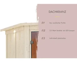 Massivholzsauna Karibu Saphir ohne Ofen mit Dachkranz und bronzierter Ganzglastüre