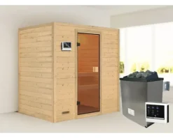 Massivholzsauna Karibu Selena inkl.9 kW Ofen u.ext.Steuerung ohne Dachkranz mit bronzierter Ganzglastüre