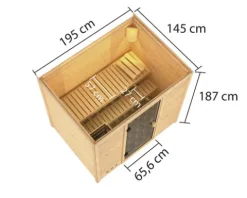 Massivholzsauna Karibu Selena inkl.9 kW Ofen u.ext.Steuerung ohne Dachkranz mit bronzierter Ganzglastüre