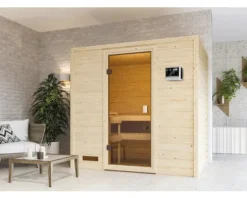 Massivholzsauna Karibu Selena inkl.9 kW Ofen u.ext.Steuerung ohne Dachkranz mit bronzierter Ganzglastüre
