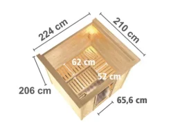 Massivholzsauna Karibu Wojave inkl. 9 kW Ofen u.ext.Steuerung mit Dachkranz und Holztüre mit Isolierglas wärmegedämmt