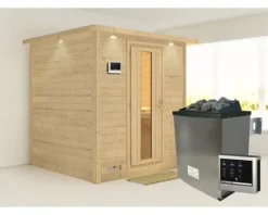 Massivholzsauna Karibu Wojave inkl. 9 kW Ofen u.ext.Steuerung mit Dachkranz und Holztüre mit Isolierglas wärmegedämmt
