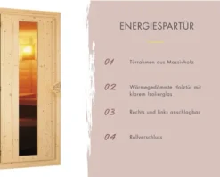 Massivholzsauna Karibu Wojave inkl. 9 kW Ofen u.ext.Steuerung mit Dachkranz und Holztüre mit Isolierglas wärmegedämmt
