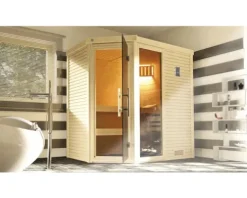 Massivholzsauna Weka Cubilis 2 Eck GTFO inkl. 7,5 kW Ofen u.digitaler Steuerung mit Fenster und graphitfarbeneer Ganzglastüre