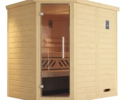 Massivholzsauna Weka Kemi Eck GT inkl. 7,5 kW Bio Ofen u.digitaler Steuerung mit graphitfarbeneer Ganzglastüre