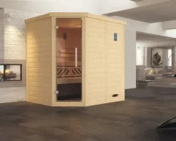 Massivholzsauna Weka Kemi Eck GT inkl. 7,5 kW Bio Ofen u.digitaler Steuerung mit graphitfarbeneer Ganzglastüre