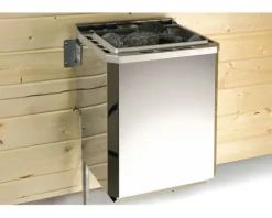 Massivholzsauna Weka Turku Eck GTF Set 2 inkl. 7,5 kW Bio Ofen u.digitaler Steuerung mit Fenster und graphitfarbeneer Ganzglastüre