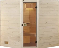 Massivholzsauna Weka Valida Eck GT inkl. 7,5 kW Ofen u.digitaler Steuerung ohne Fenster mit Ganzglastüre aus Klarglas