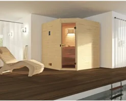 Massivholzsauna Weka Valida Eck GT inkl. 7,5 kW Ofen u.digitaler Steuerung ohne Fenster mit Ganzglastüre aus Klarglas