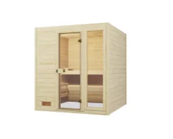 Massivholzsauna Weka Valida Plus inkl. 9 kW Ofen u. intergr.Steuerung mit Fenster und Ganzglastüre aus Klarglas