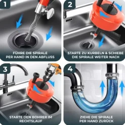 Meisterfaktur Rohrreinigungsspirale mit Metalltrommel [15m] - mit Bohraufsatz - Ideale Abflussspirale für eine Rohrreinigung - Die stabile Rohrspirale für echte Heimwerker!