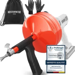 Meisterfaktur Rohrreinigungsspirale mit Metalltrommel [15m] - mit Bohraufsatz - Ideale Abflussspirale für eine Rohrreinigung - Die stabile Rohrspirale für echte Heimwerker!