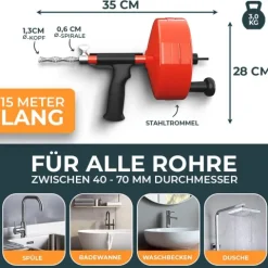 Meisterfaktur Rohrreinigungsspirale mit Metalltrommel [15m] - mit Bohraufsatz - Ideale Abflussspirale für eine Rohrreinigung - Die stabile Rohrspirale für echte Heimwerker!