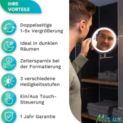 Mirlux Make Up Spiegel mit LED Beleuchtung, Kosmetikspiegel 7X Vergrößerung Rund Wandmodell Chrom