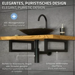 ML-Design 2er Set Wandkonsole für Waschtisch, 300x150 mm, Schwarz, Stahl, Design Waschtischhalterung, Wandhalterung Unterbau für Waschtischplatte, Konsolenträger Regalträger Regalhalter Handtuchhalter