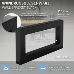 ML-Design 2er Set Wandkonsole für Waschtisch, 300x150 mm, Schwarz, Stahl, Design Waschtischhalterung, Wandhalterung Unterbau für Waschtischplatte, Konsolenträger Regalträger Regalhalter Handtuchhalter