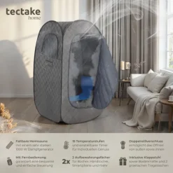 Mobile Dampfsauna tectake ThermaLuxe I inkl. Fernbedienung, Matte, Klappstuhl und Tragetaschen 2 l Dampfgenerator mit 1000 W dunkelgrau/schwarz