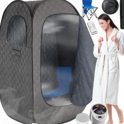 Mobile Dampfsauna tectake ThermaLuxe I inkl. Fernbedienung, Matte, Klappstuhl und Tragetaschen 2 l Dampfgenerator mit 1000 W dunkelgrau/schwarz