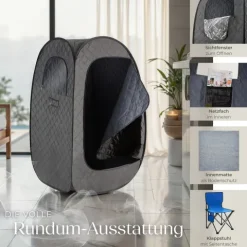 Mobile Dampfsauna tectake ThermaLuxe I inkl. Fernbedienung, Matte, Klappstuhl und Tragetaschen 2 l Dampfgenerator mit 1000 W dunkelgrau/schwarz