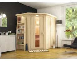 Plug & Play Sauna Karibu Achat IV ohne Ofen mit Dachkranz und Holztüre mit Isolierglas wärmegedämmt