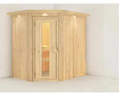 Plug & Play Sauna Karibu Achat IV ohne Ofen mit Dachkranz und Holztüre mit Isolierglas wärmegedämmt