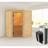 Plug & Play Sauna Karibu Antonia inkl.3,6kW Ofen u.intergr.Steuerung ohne Dachkranz mit bronzierter Ganzglastüre