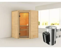 Plug & Play Sauna Karibu Antonia inkl.3,6kW Ofen u.intergr.Steuerung ohne Dachkranz mit bronzierter Ganzglastüre
