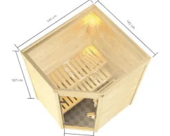Plug & Play Sauna Karibu Antonia inkl.3,6kW Ofen u.intergr.Steuerung ohne Dachkranz mit bronzierter Ganzglastüre